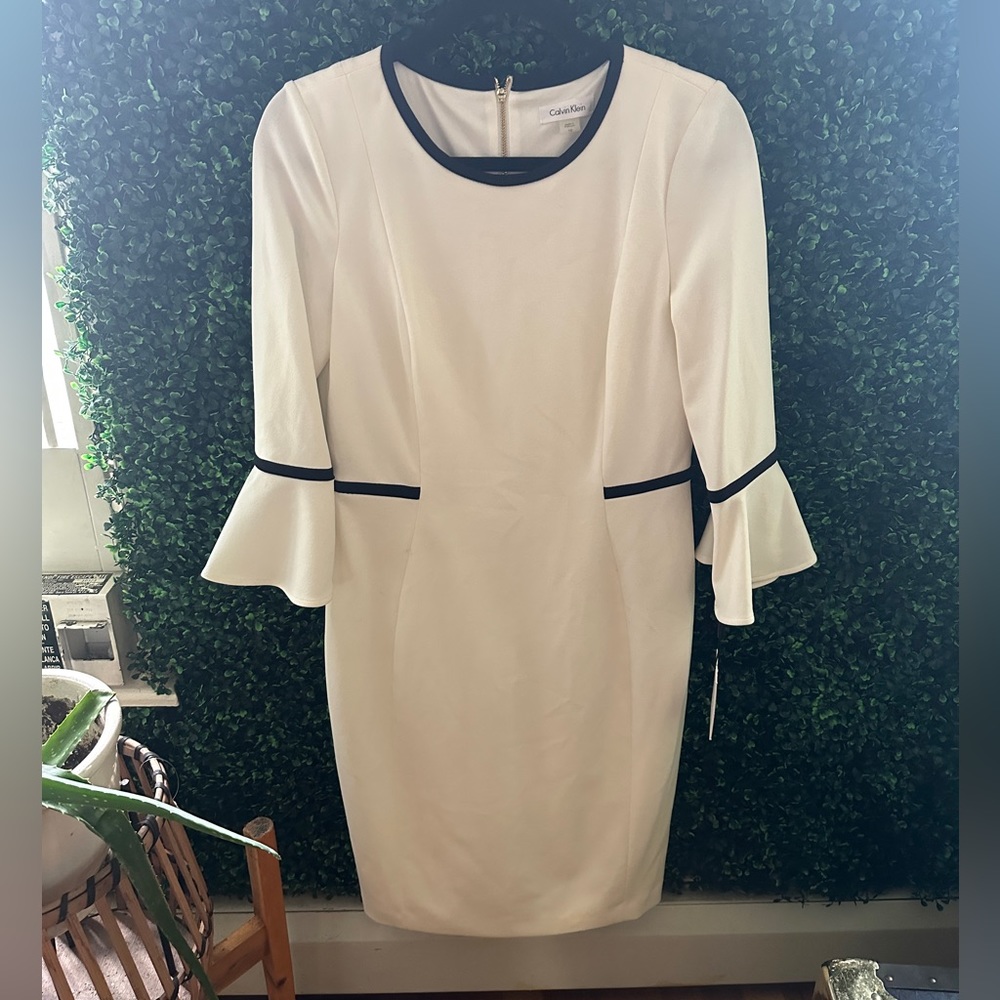 Calvin Klein White Bell Sleeve Dress with Black Trim and Signature Gold Zipper